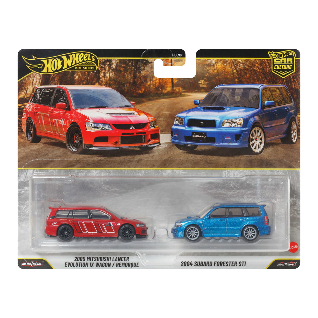 Hot Wheels Premium Car Culture 2-Pack - 2005 Mitsubishi Lancer Evolution IX Wagon / Remorque & 2004 Subaru Forester STI